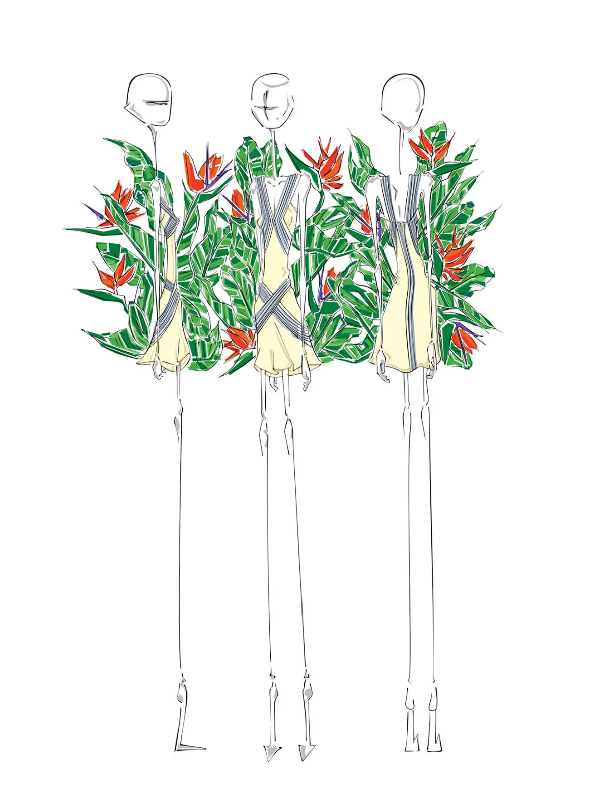 Fashion illustration, looks against tropical foliage