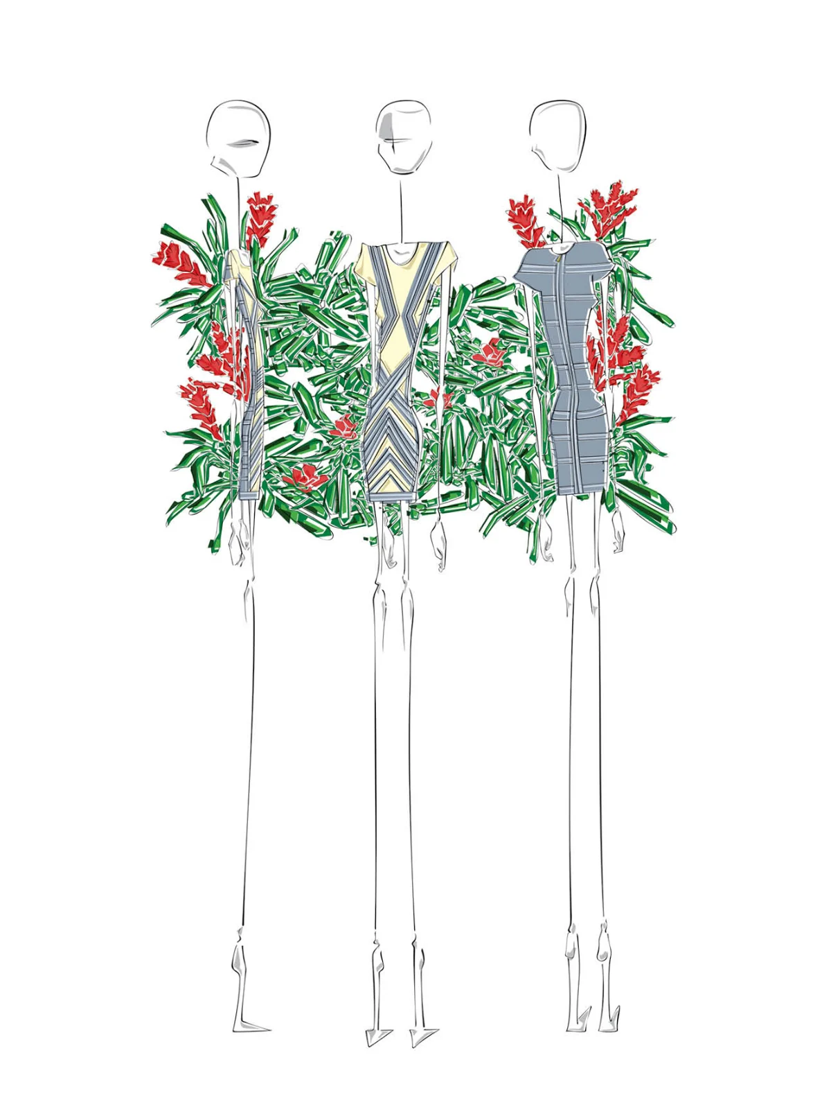 Fashion illustration, looks against tropical foliage