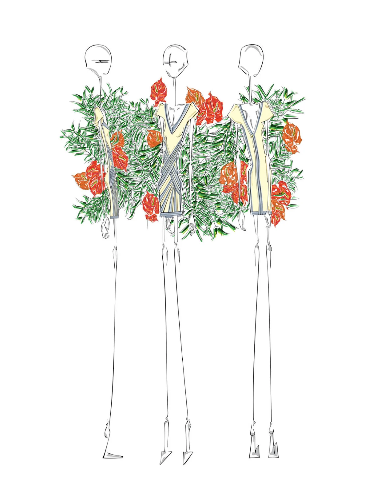 Fashion illustration, looks against tropical foliage
