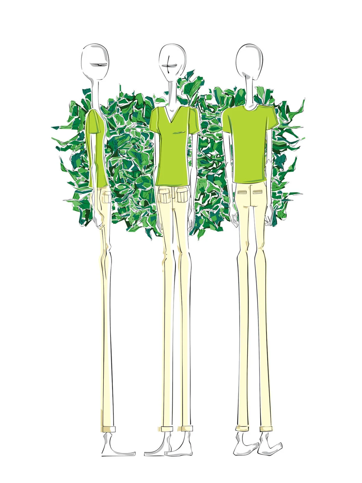 Fashion illustration, looks against tropical foliage