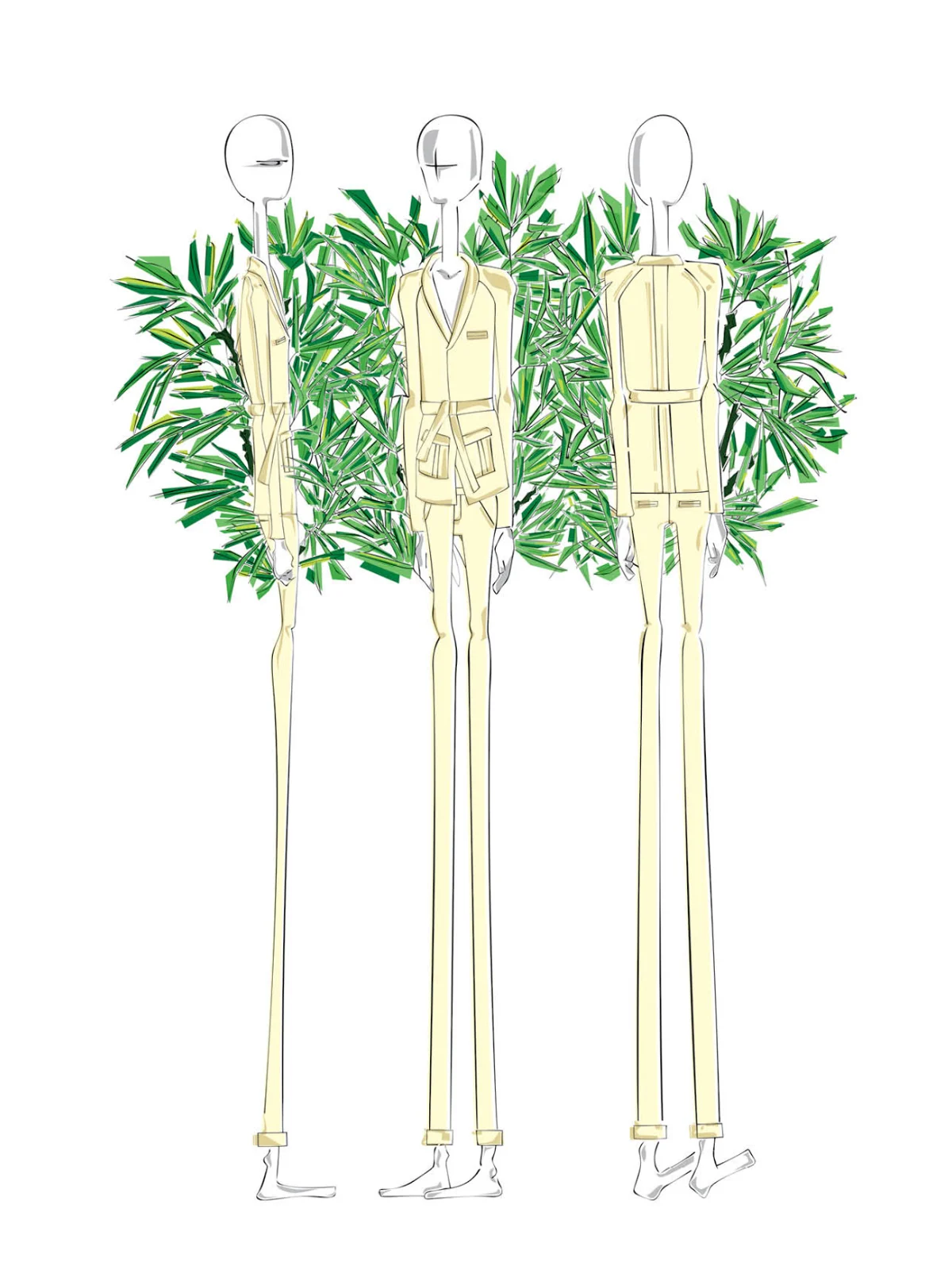 Fashion illustration, looks against tropical foliage
