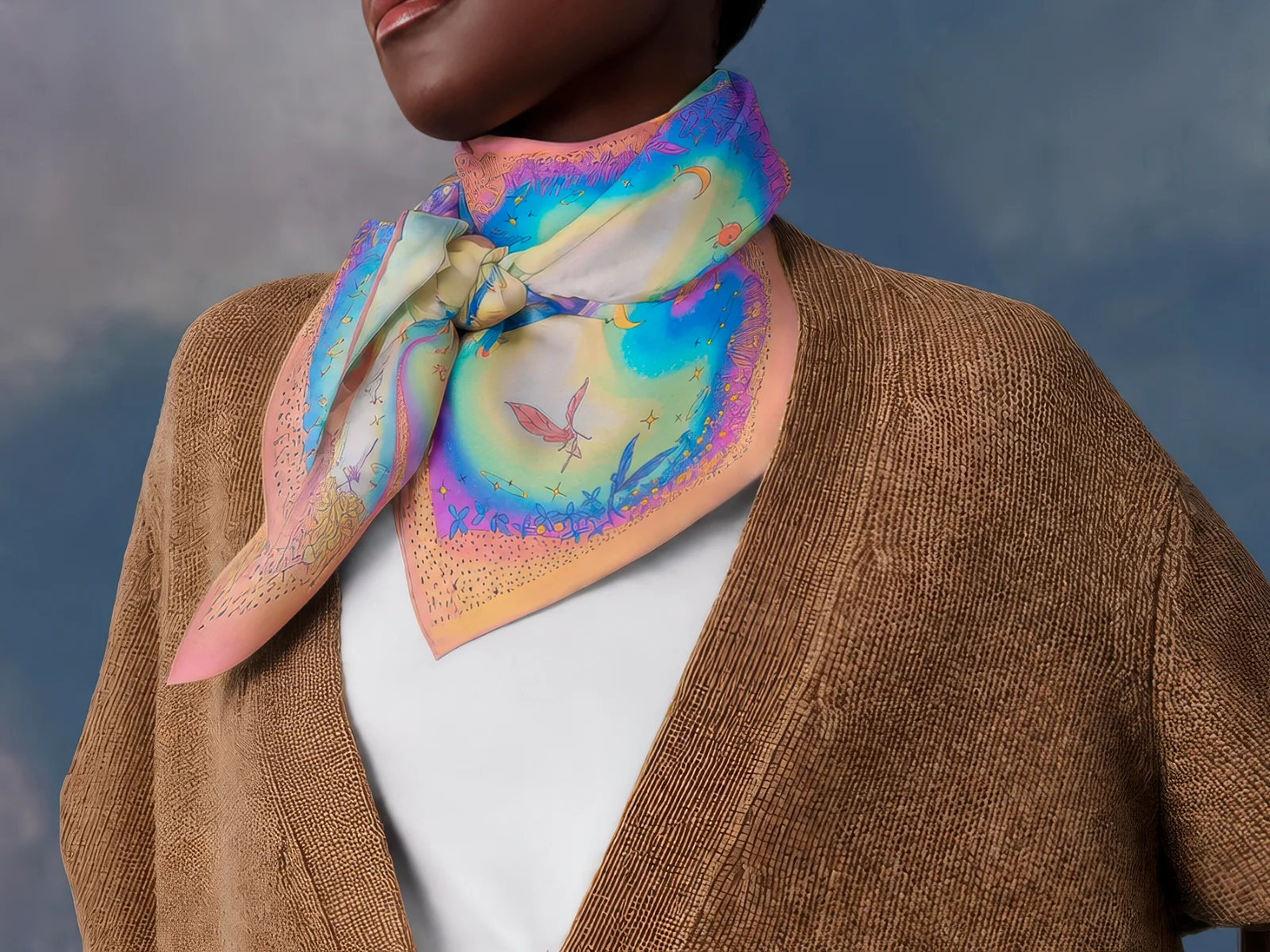 AMONG THE STARS scarf worn at the neck