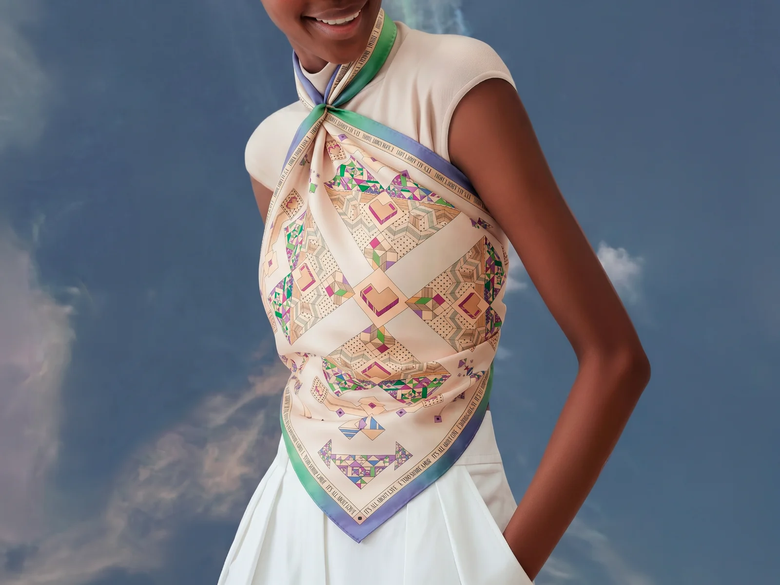 DIGITAL LOVE scarf in Purple and Green worn at the neck