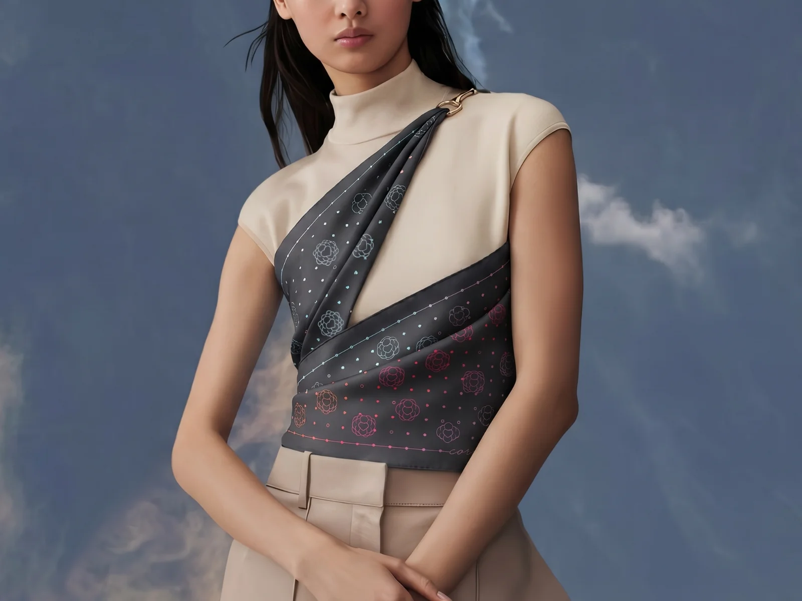 LOVE MONOGRAM scarf in Charcoal worn at the neck