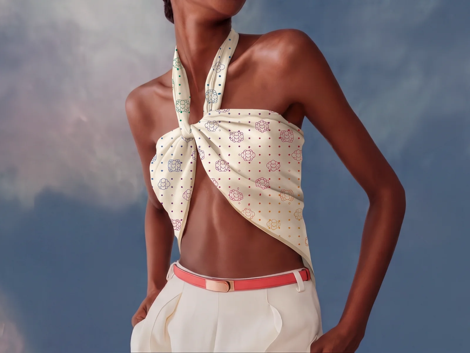 LOVE MONOGRAM scarf in Cream worn at the neck