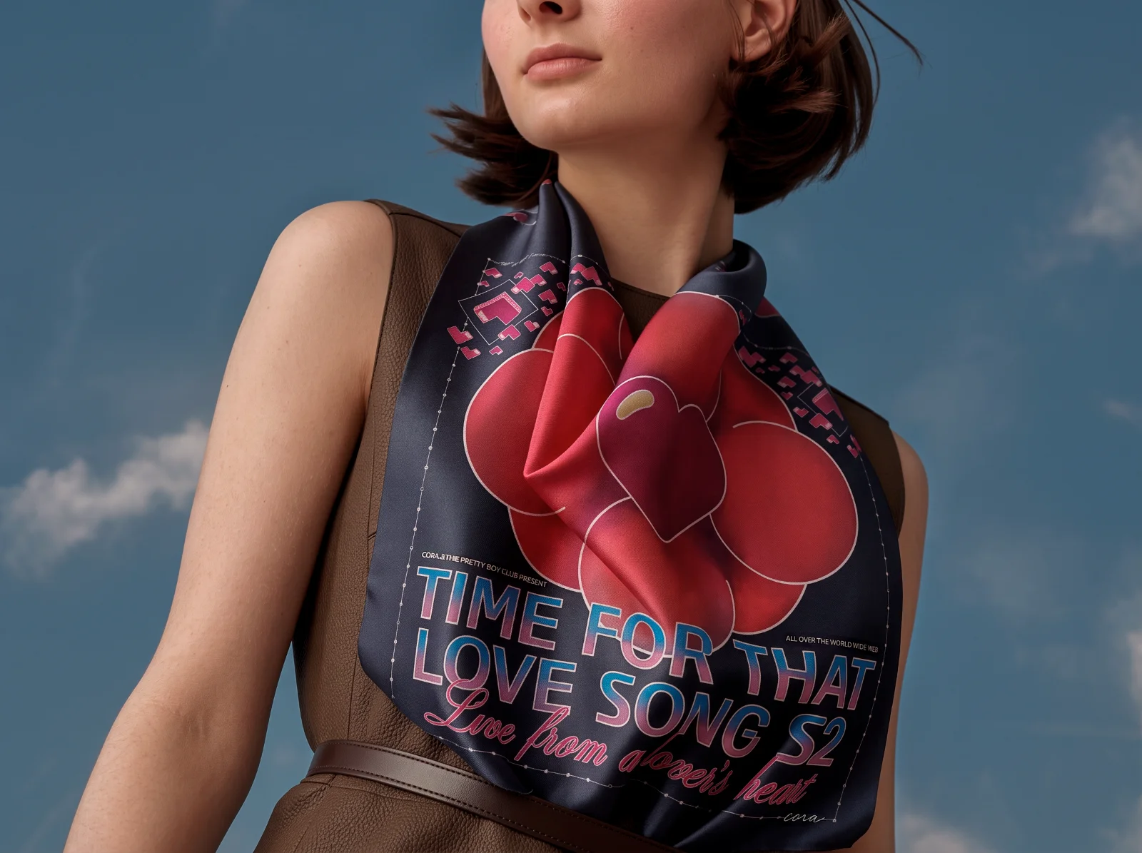 LOVE SONG scarf in Charcoal and Red worn as a top