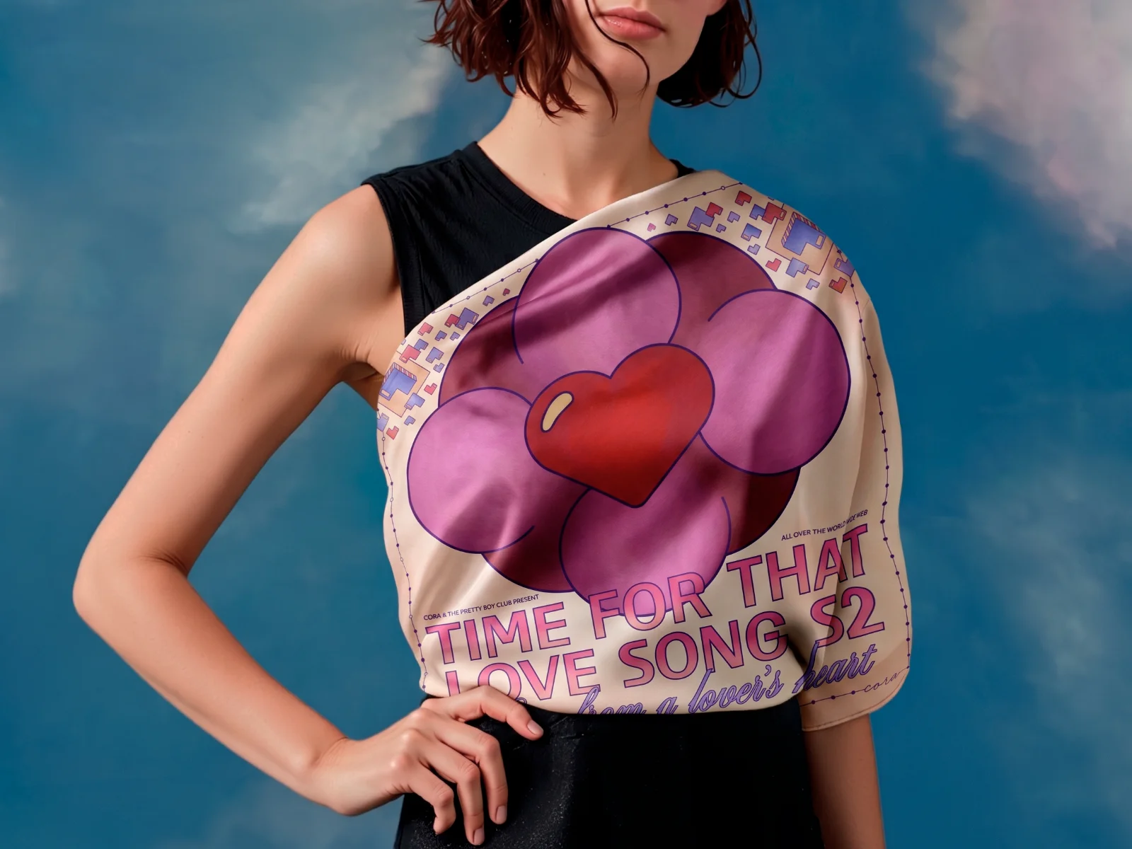 LOVE SONG scarf in Latte and Purple worn at the neck