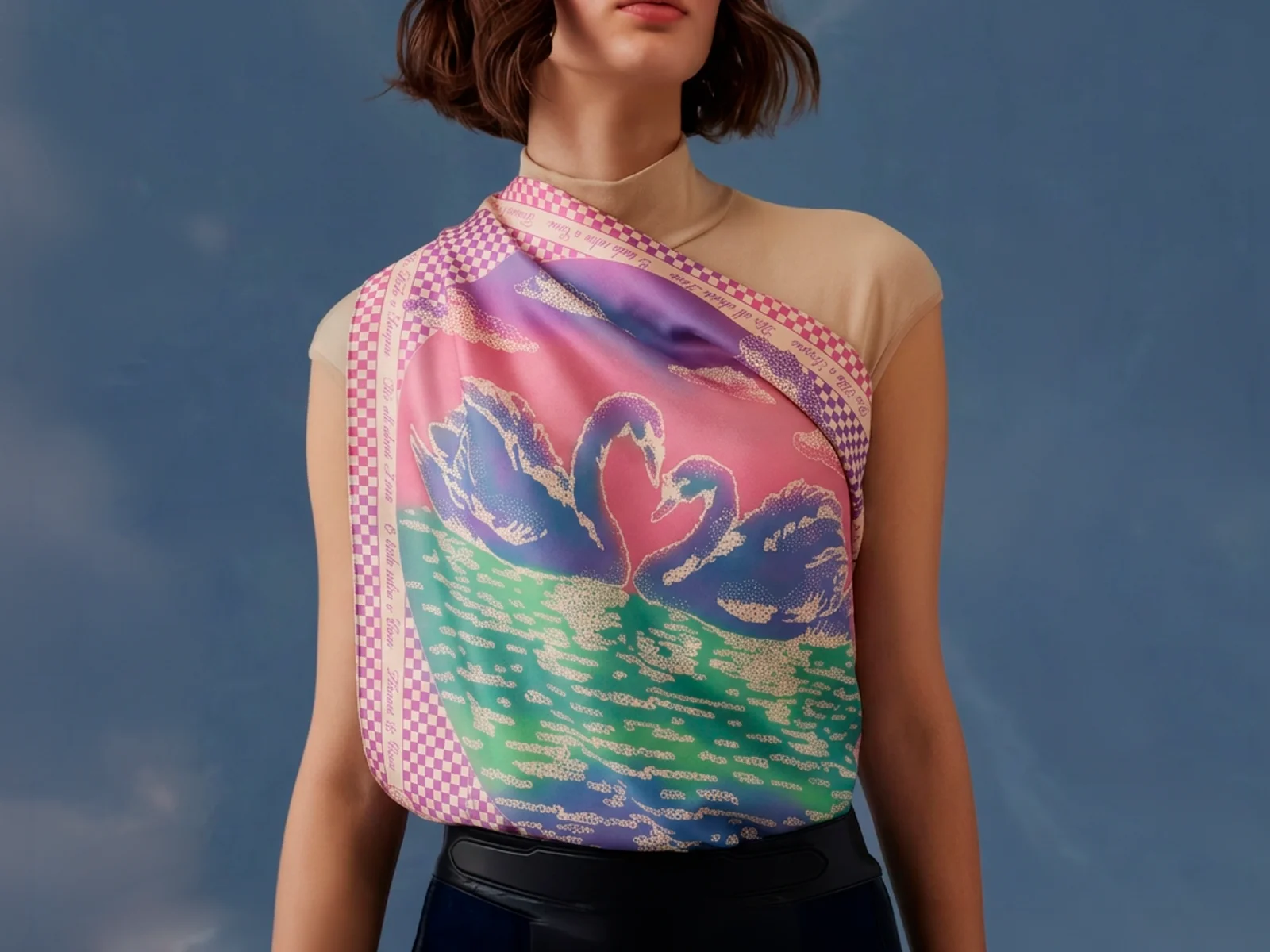 SWAN SONG scarf in Lilac Sky worn at the neck